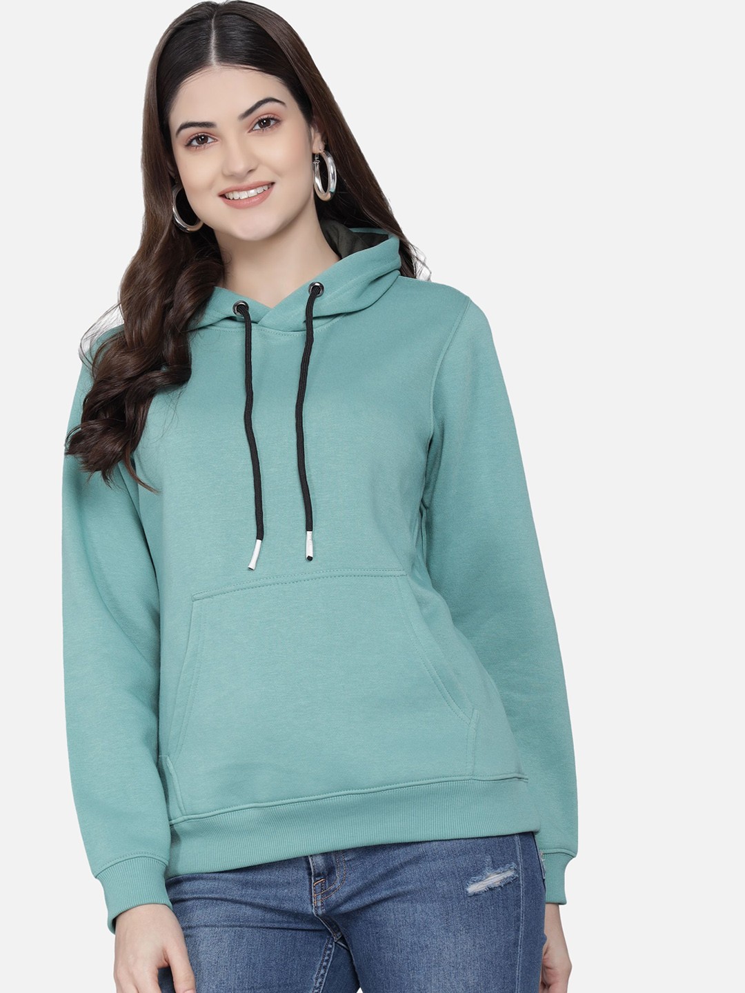 

PockMAN Women Green Hooded Sweatshirt