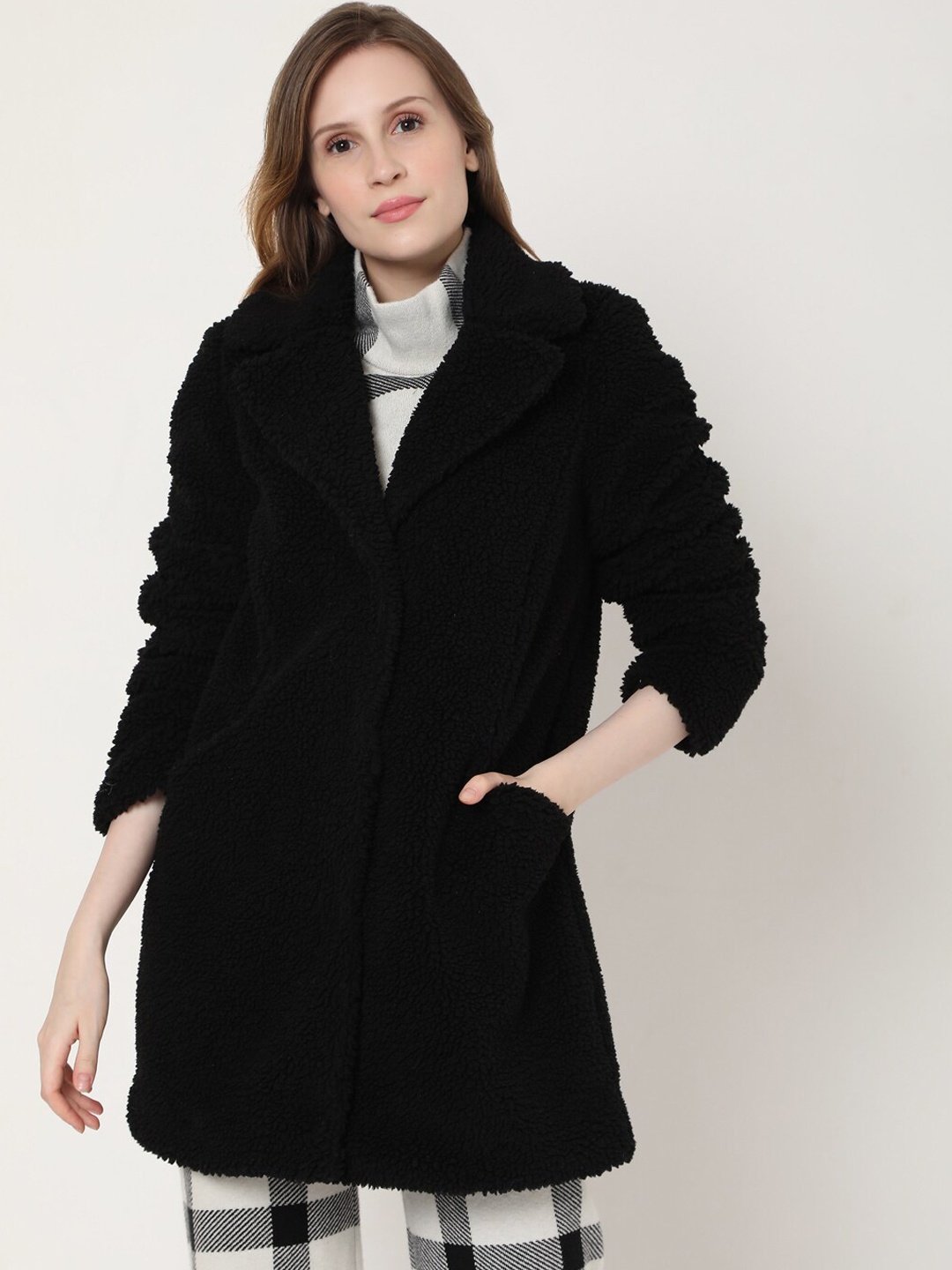 

Vero Moda Women Black Solid Teddy Overcoat