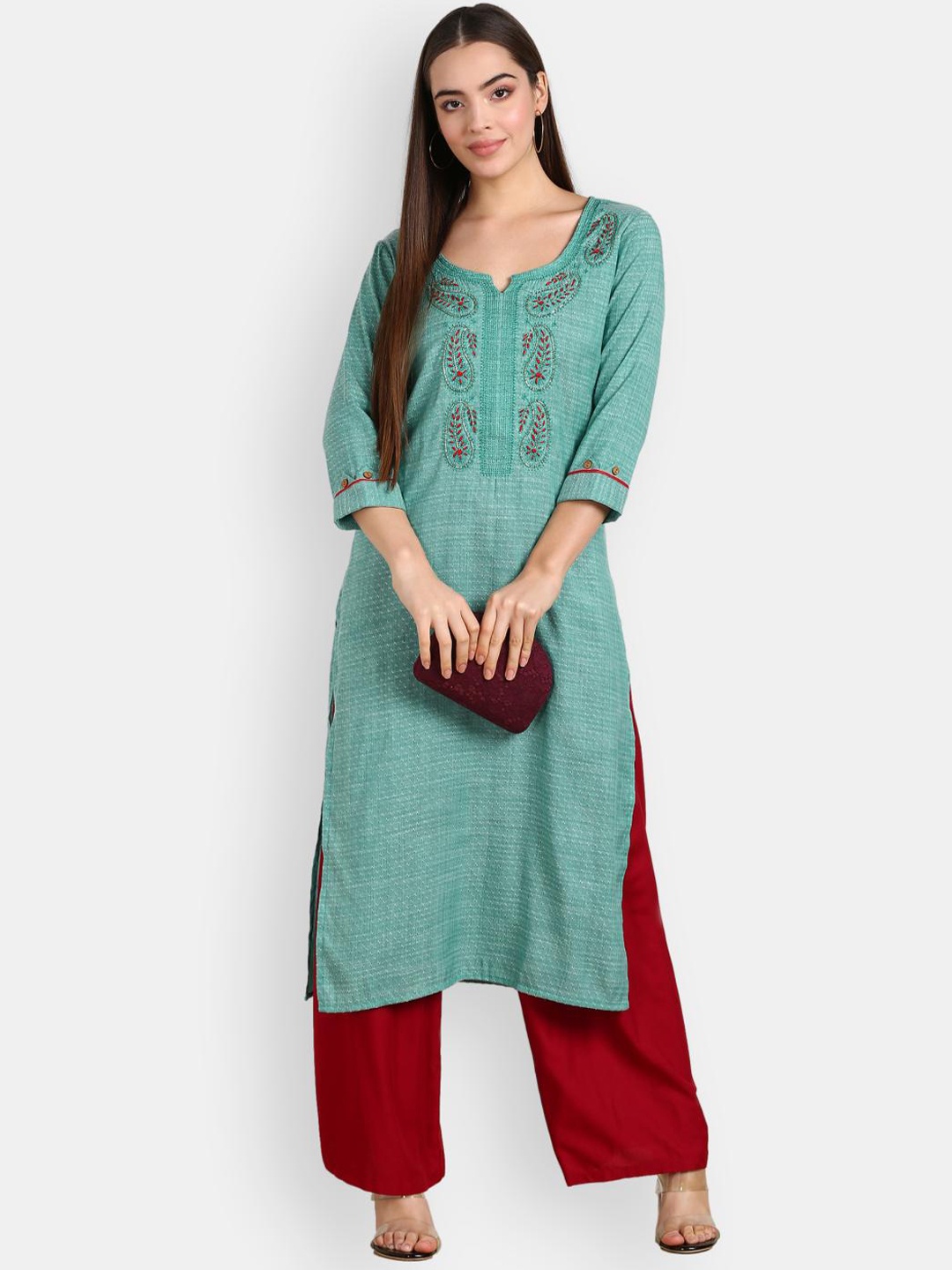 

VEDANA Women Green Ethnic Motifs Yoke Design Thread Work Dobby Kurta