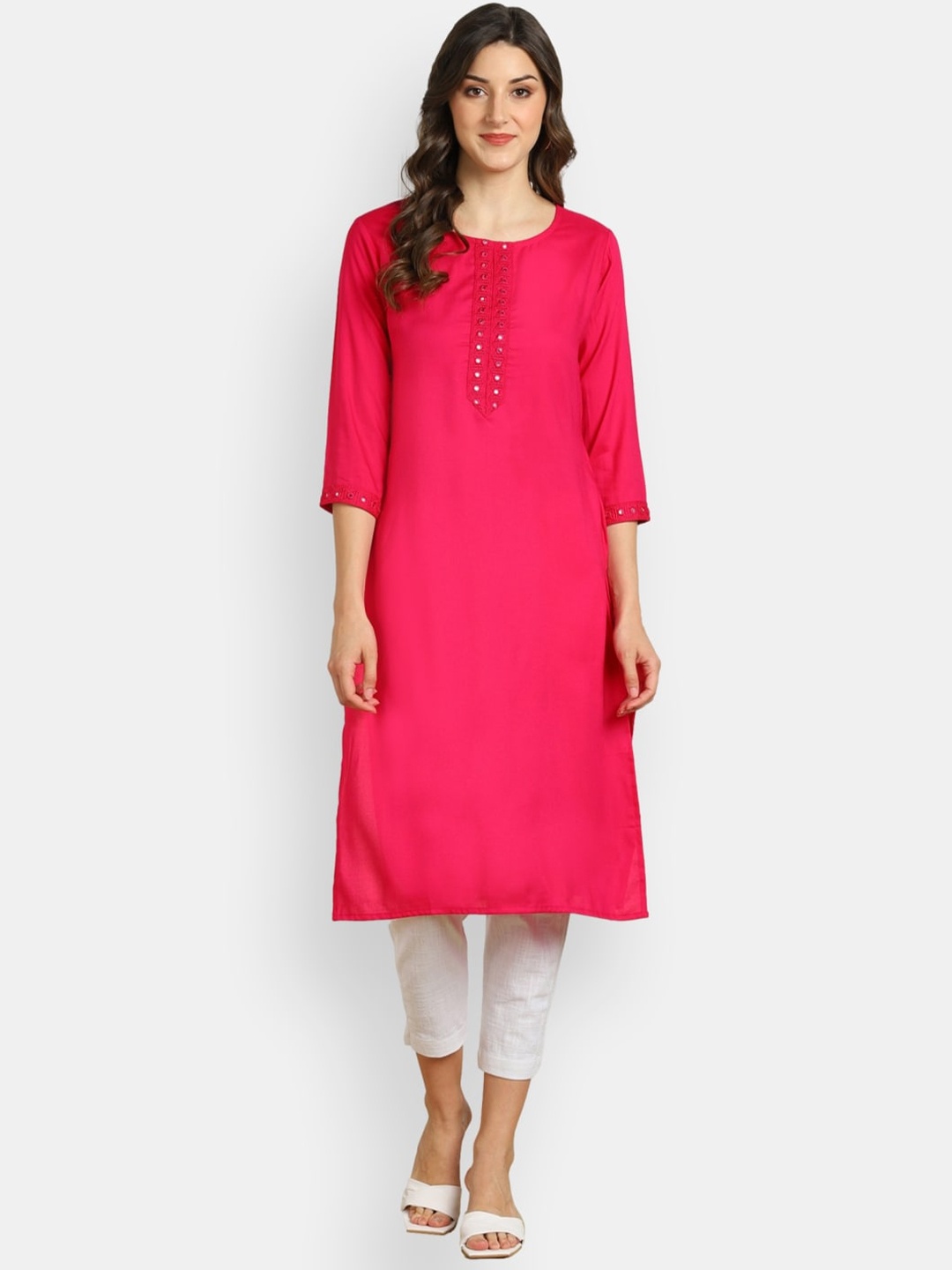 

VEDANA Women Pink Yoke Design Cold-Shoulder Sleeves Thread Work Kurta
