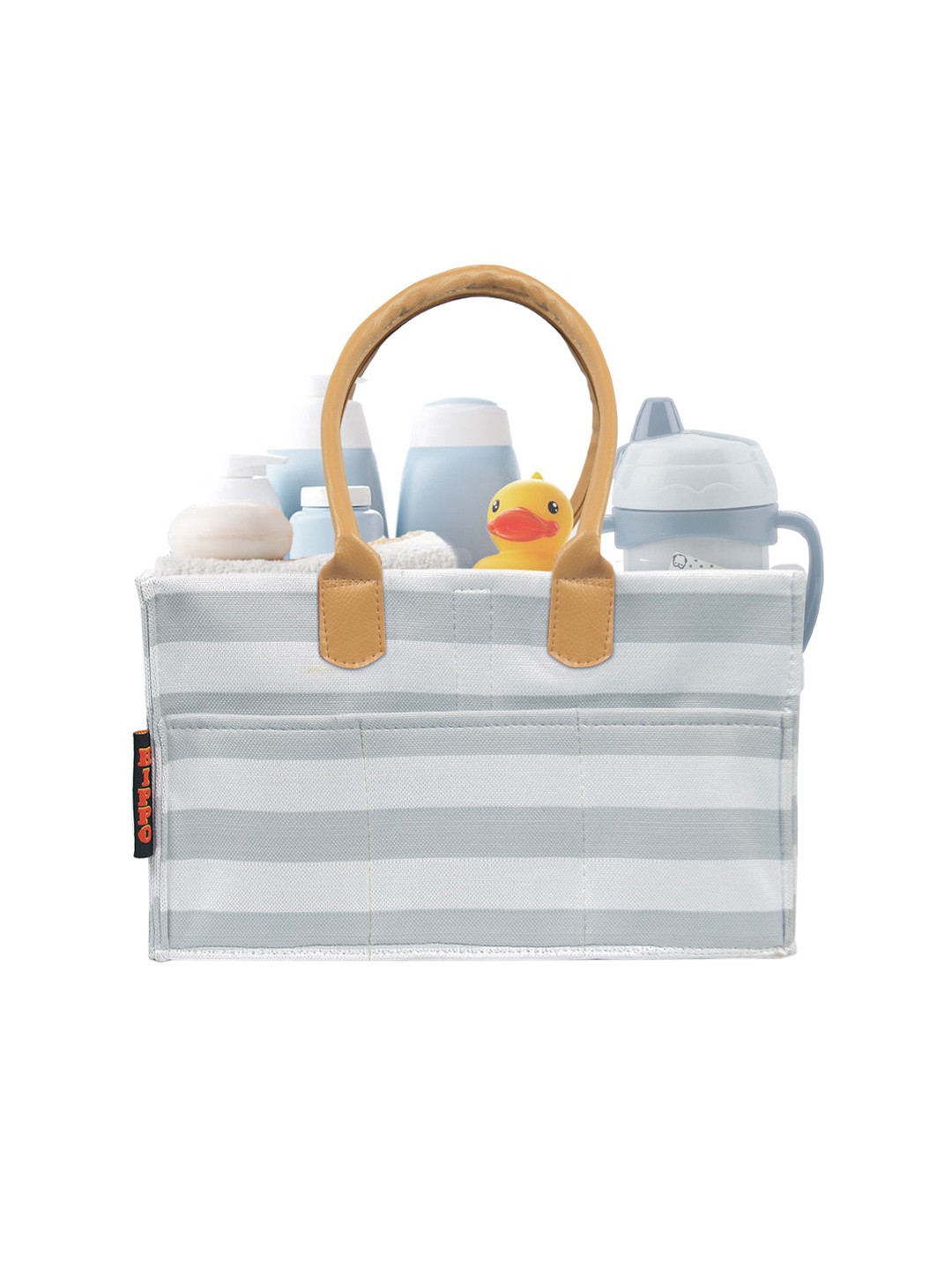 

Hippo Grey & Off White Striped Cute Diaper Caddy Bag