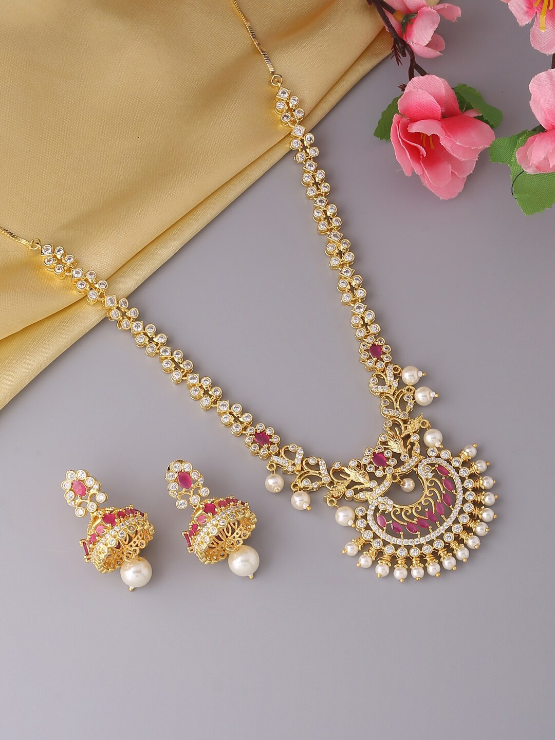

VIRAASI Gold-Plated White & Pink CZ Studded & Pearl Beaded Jewellery Set