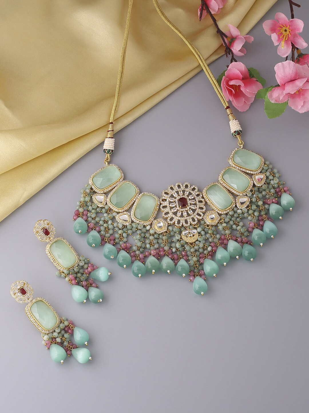 

VIRAASI Sea Green & Pink Kundan-Studded Beaded Jewellery Set