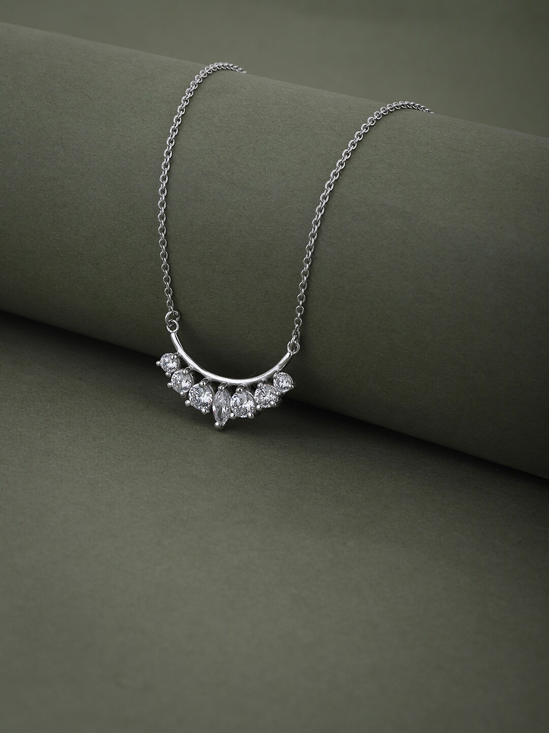 

VANBELLE Women Silver-Toned Cubic Zirconia Studded Pendent Necklace