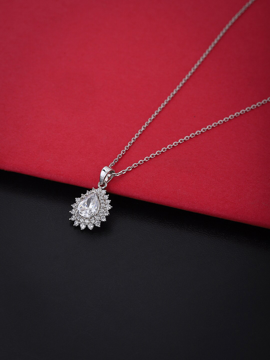 

VANBELLE Women Silver-Toned Cubic Zirconia Studded Pendent Necklace