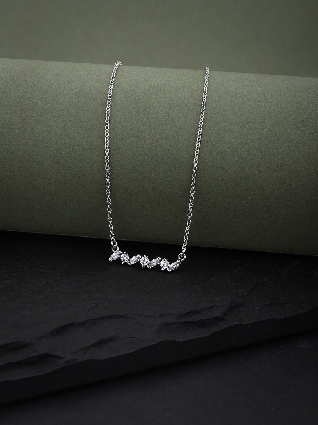 

VANBELLE Women Silver-Toned Cubic Zirconia Studded Pendent Necklace