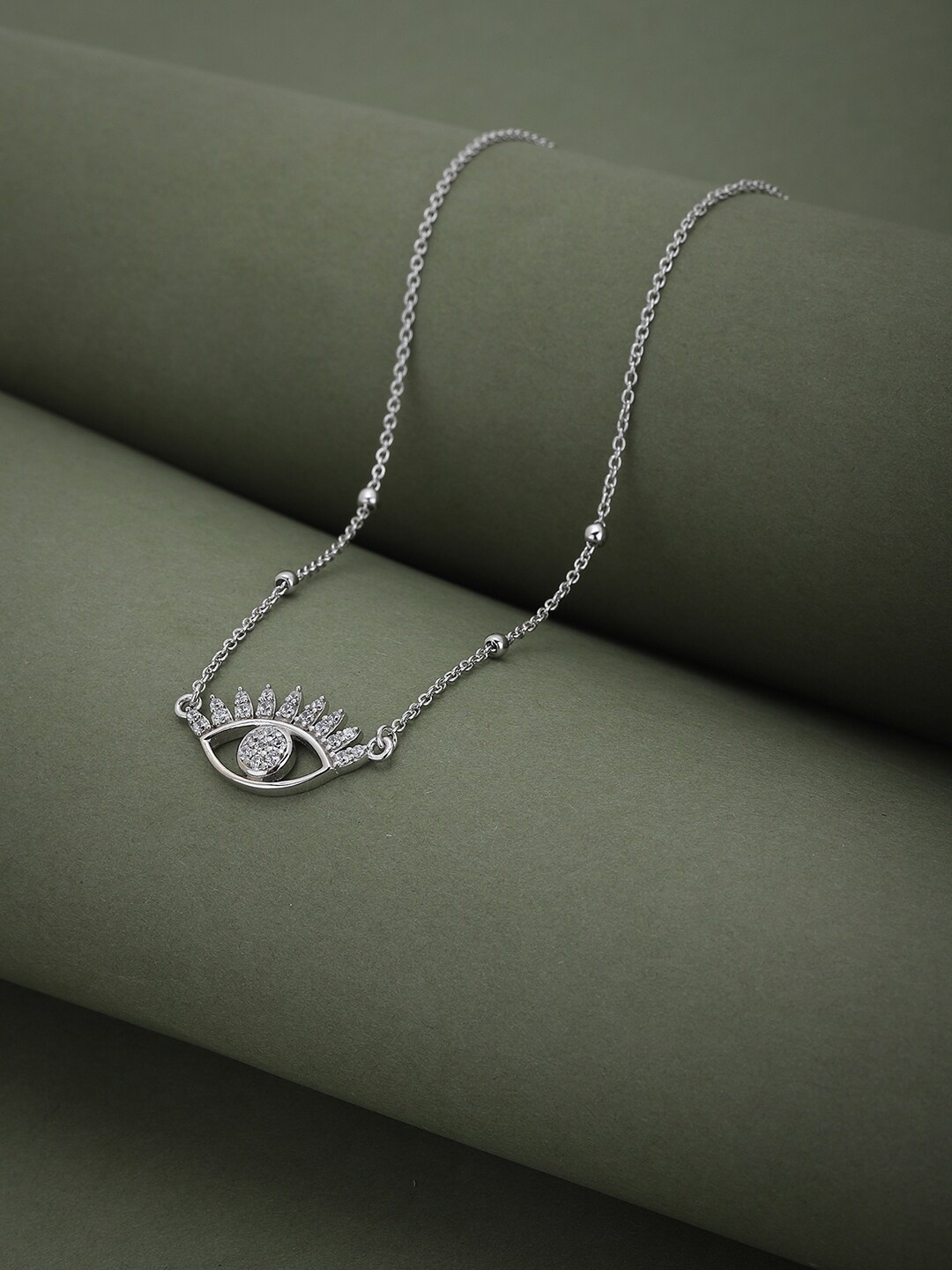 

VANBELLE Women Silver-Toned Cubic Zirconia Studded Pendent Necklace