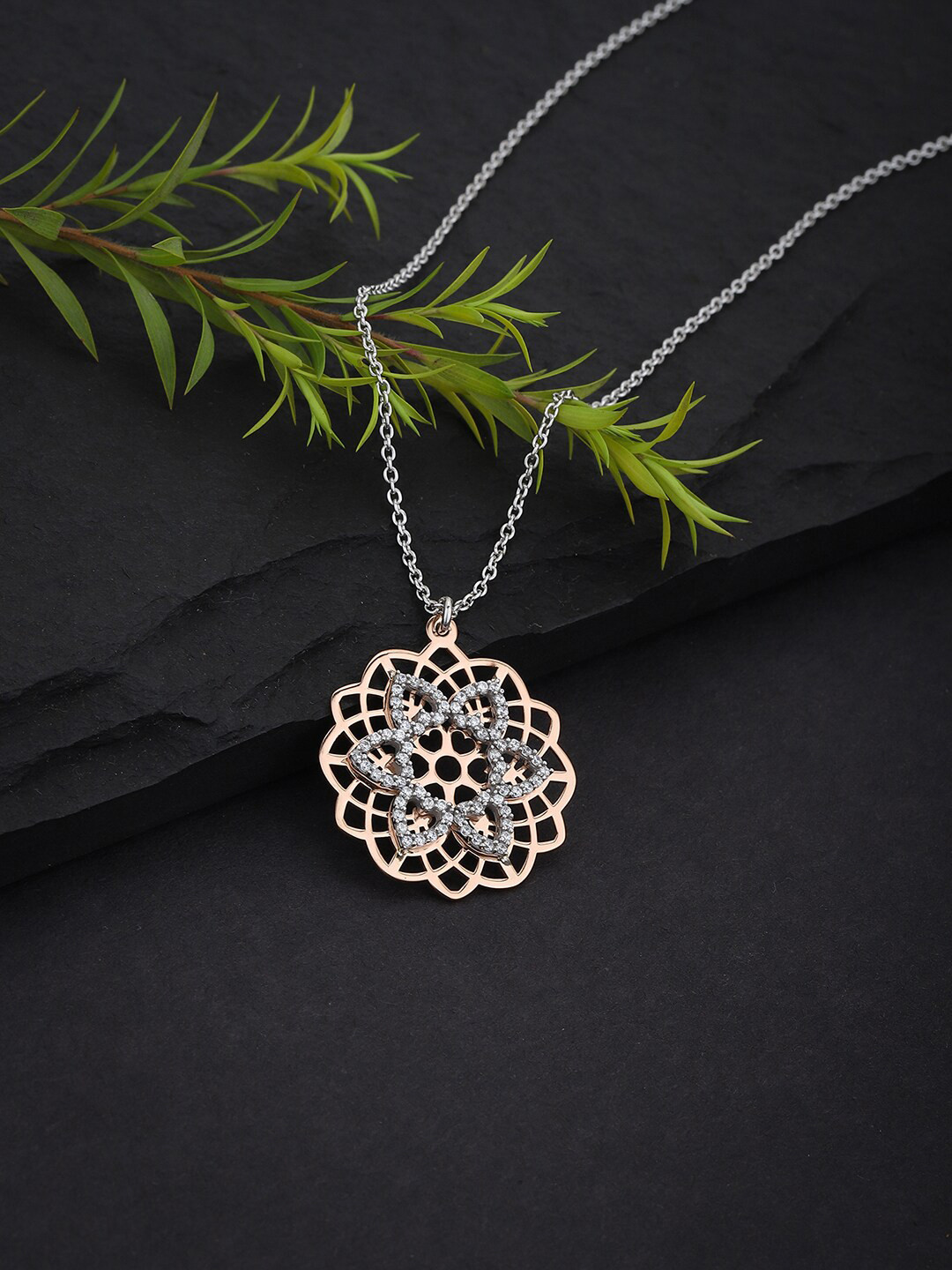 

VANBELLE Silver-Toned & White Sterling Silver Rhodium-Plated Cubic Zirconia Necklace