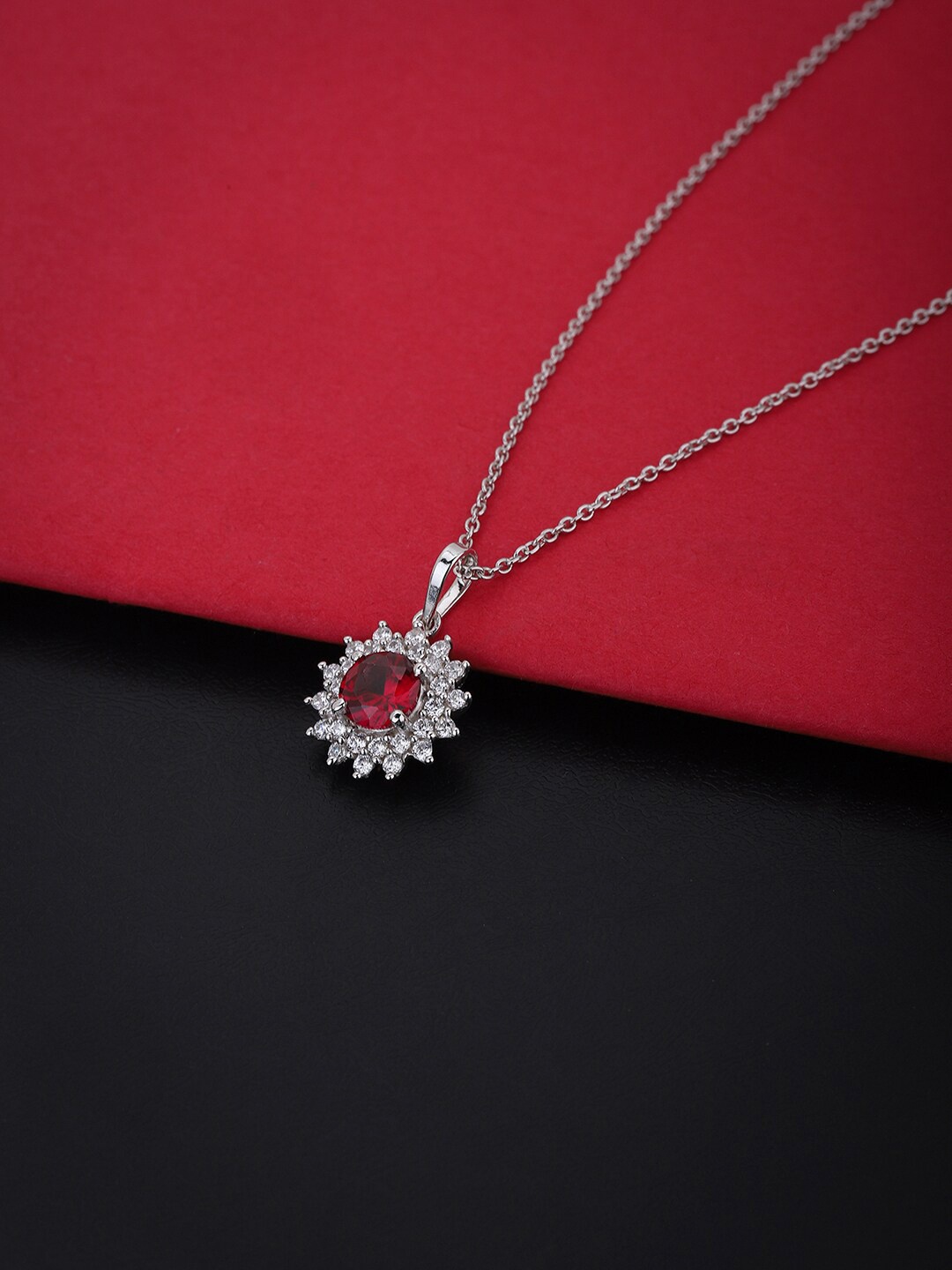 

VANBELLE Silver-Toned & Red Sterling Silver Rhodium-Plated Necklace