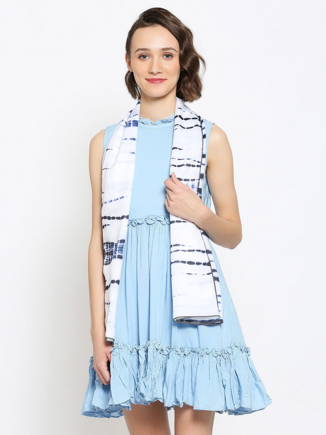 

Dupatta Bazaar Women White & Blue Shibori Printed Satin Scarf