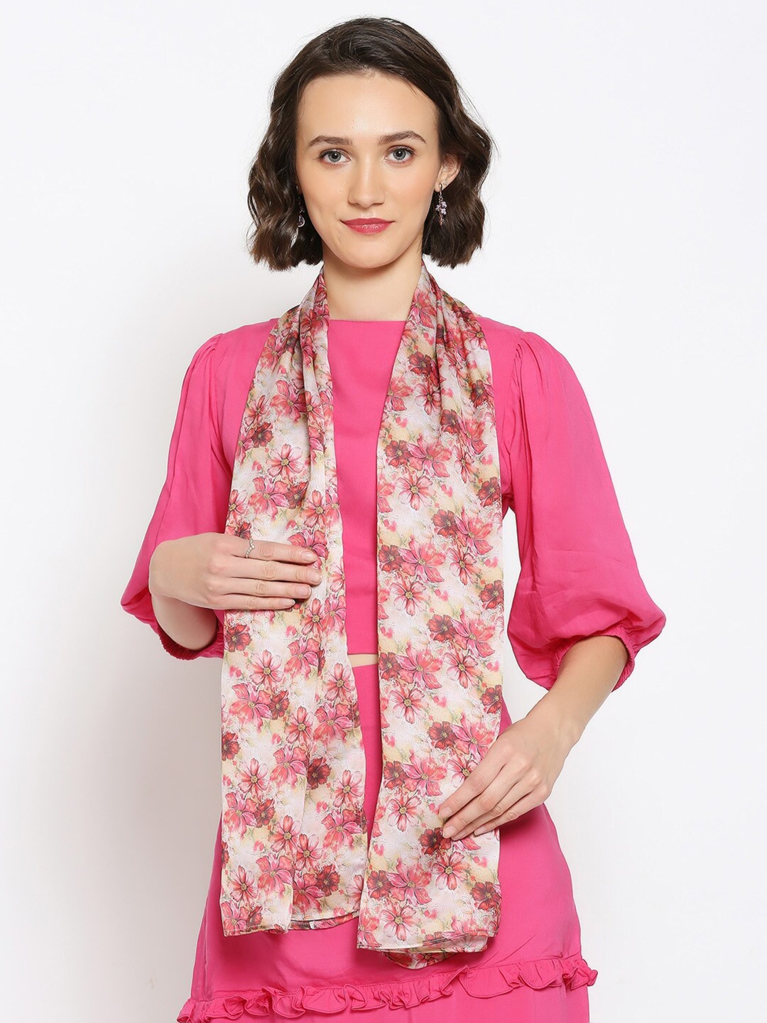 

Dupatta Bazaar Women Pink & White Floral Printed Satin Scarf