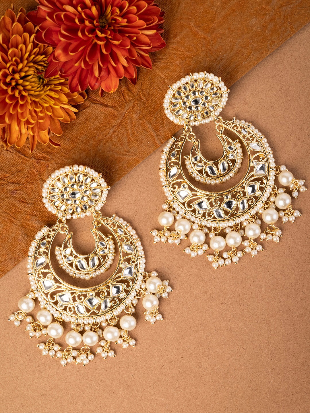 

INDYA Gold-Toned Contemporary Kundan Pearl Chandbalis Earrings