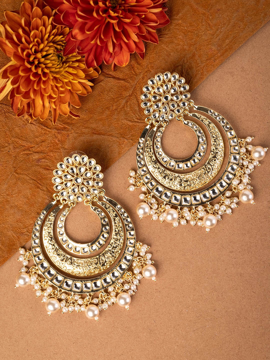 

INDYA Gold-Toned & White Circular Pearl Drop Dangler Chandbalis Earrings