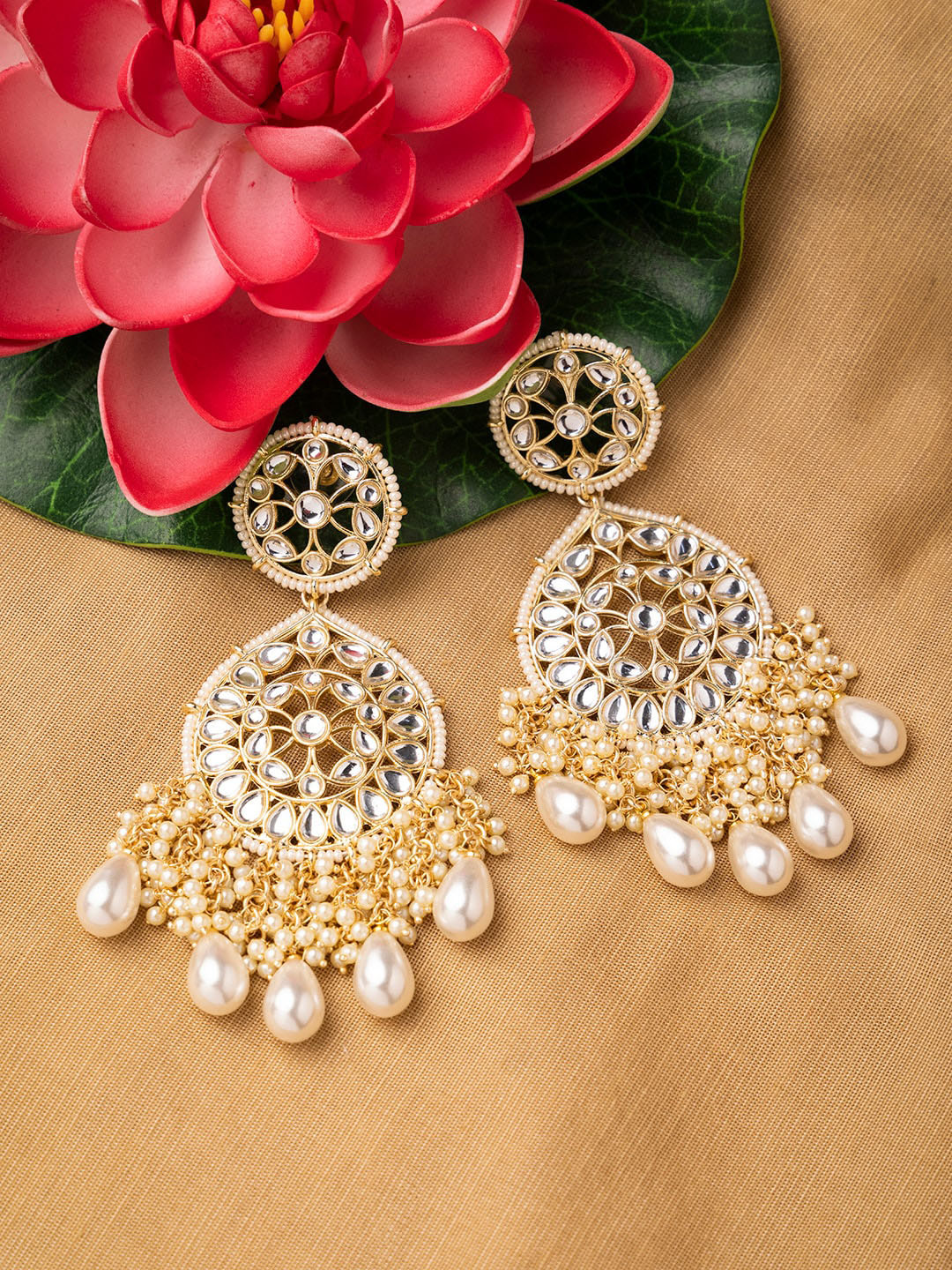 

INDYA Gold-Plated & Off White Circular Top Beaded Dangler Earrings