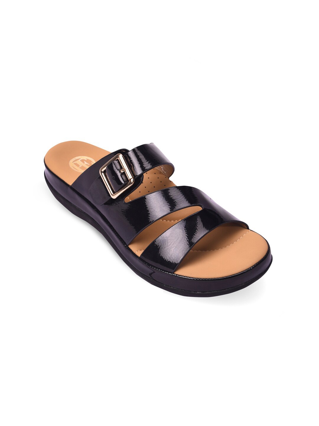 

Pavers England Women Black Open Toe Flats with Adjustable Buckles Strap