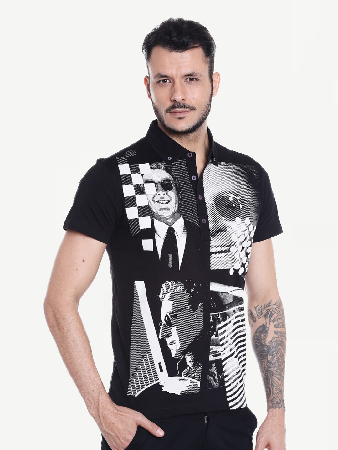Dream of Glory Inc Men Black & White Printed Mandarin Collar Outdoor T-shirt