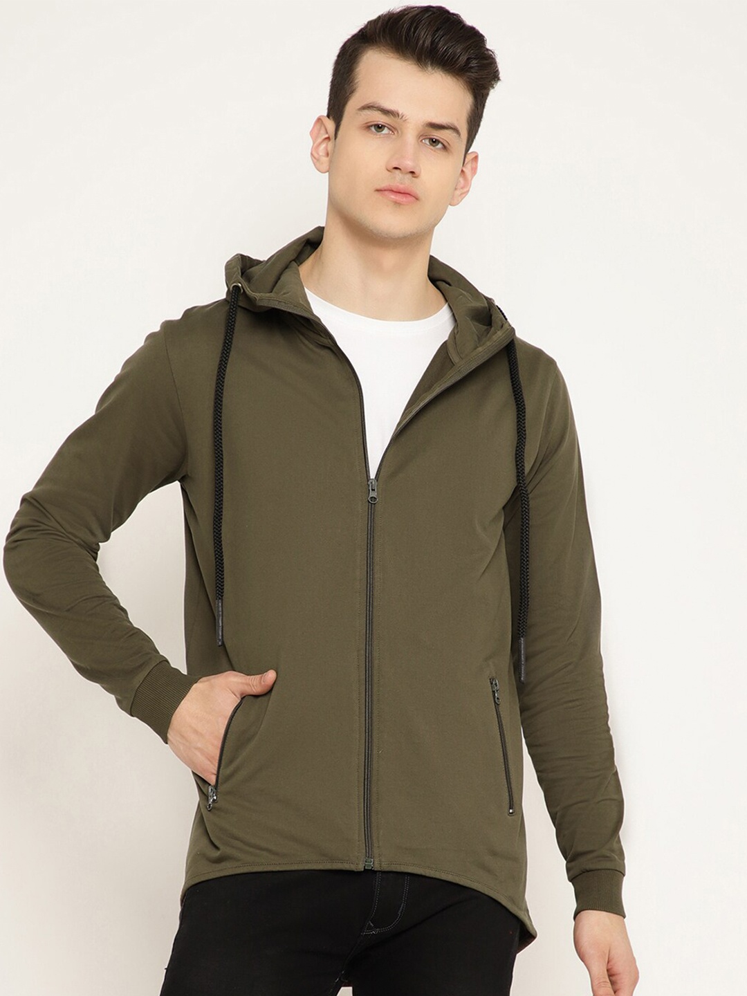 

PUNK Men Olive Green Hooded Cotton Sweatshirt