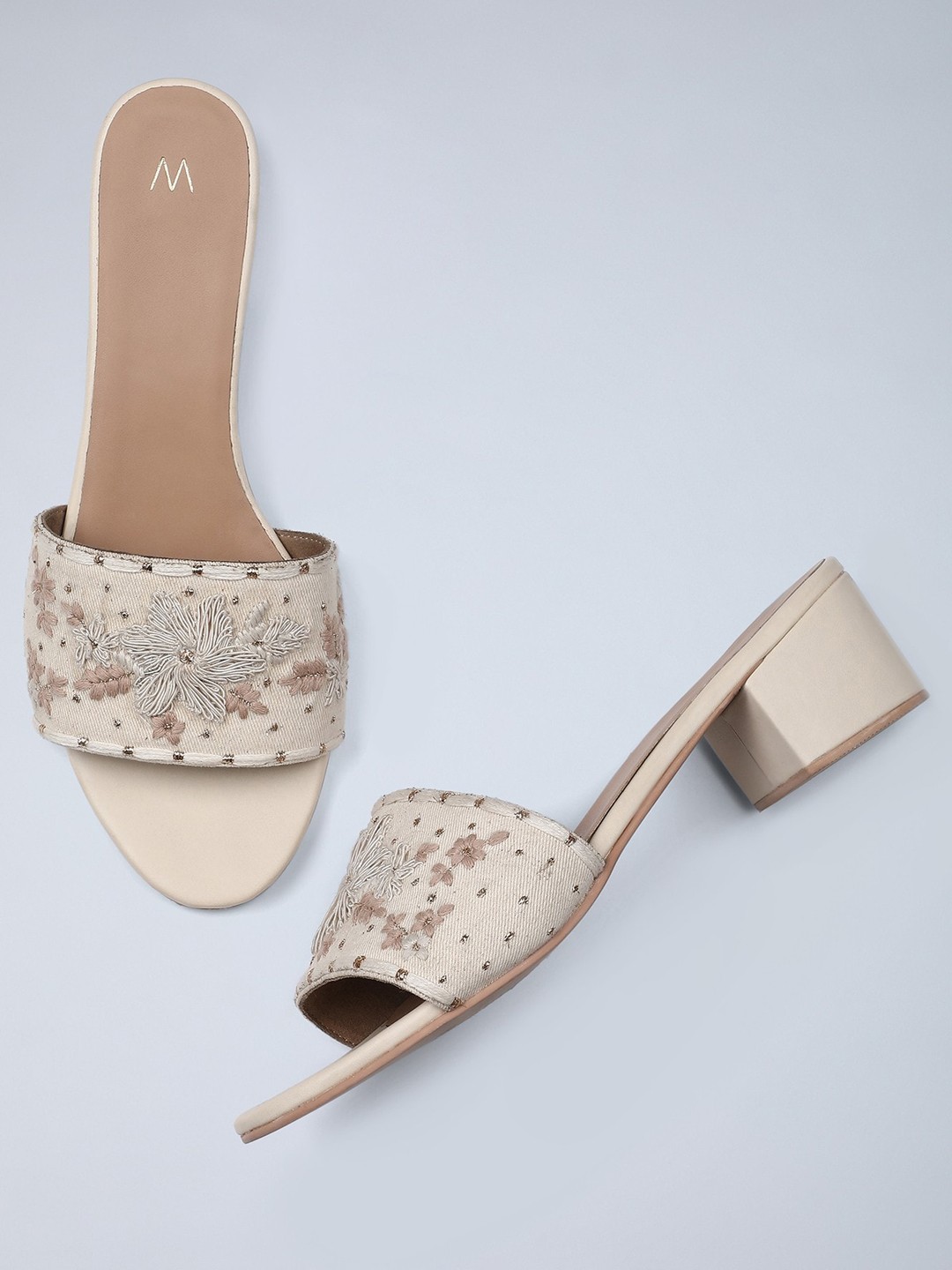 

W Women Gold-Toned Embroidered Party Block Mules