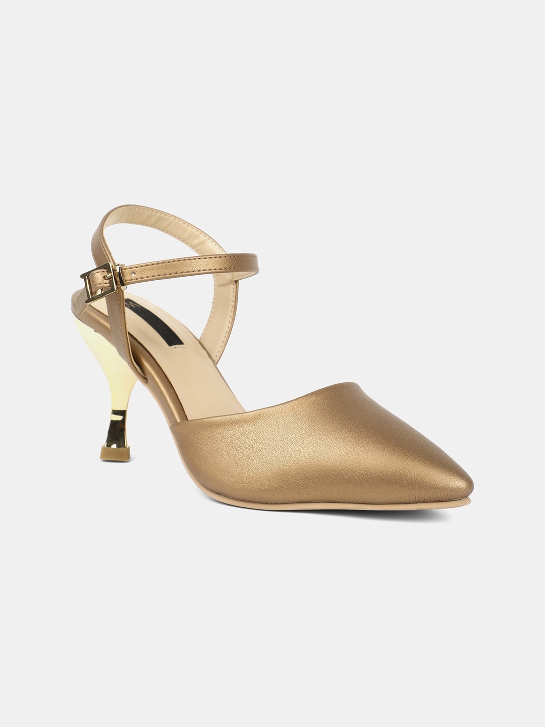 

W Gold-Toned Work Kitten Pumps with Buckles