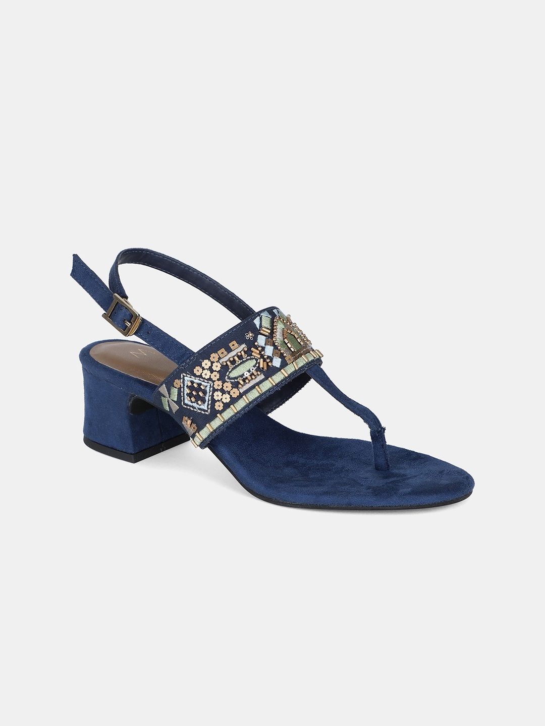 

W Navy Blue Textured Suede Party Block Sandals