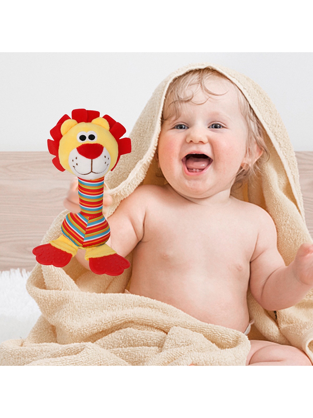 

Baby Moo Yellow & Red Lion Soft Rattle With Teether