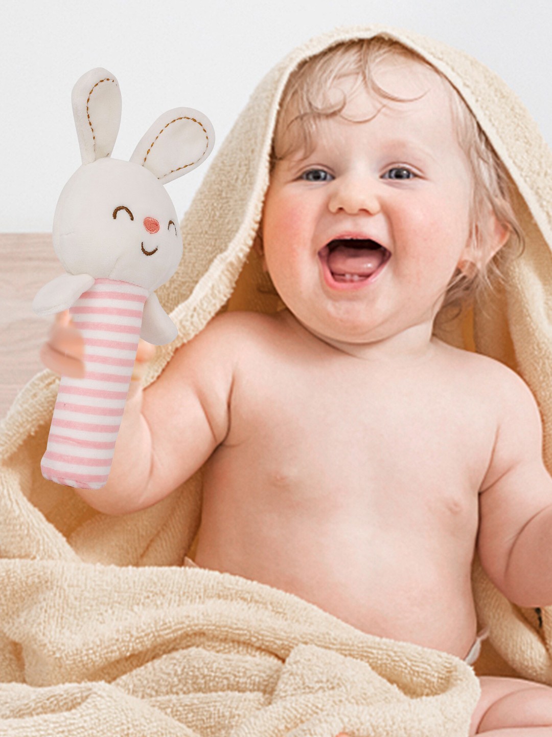 

Baby Moo White And Pink Blushing Bunny Handheld Rattle Toy