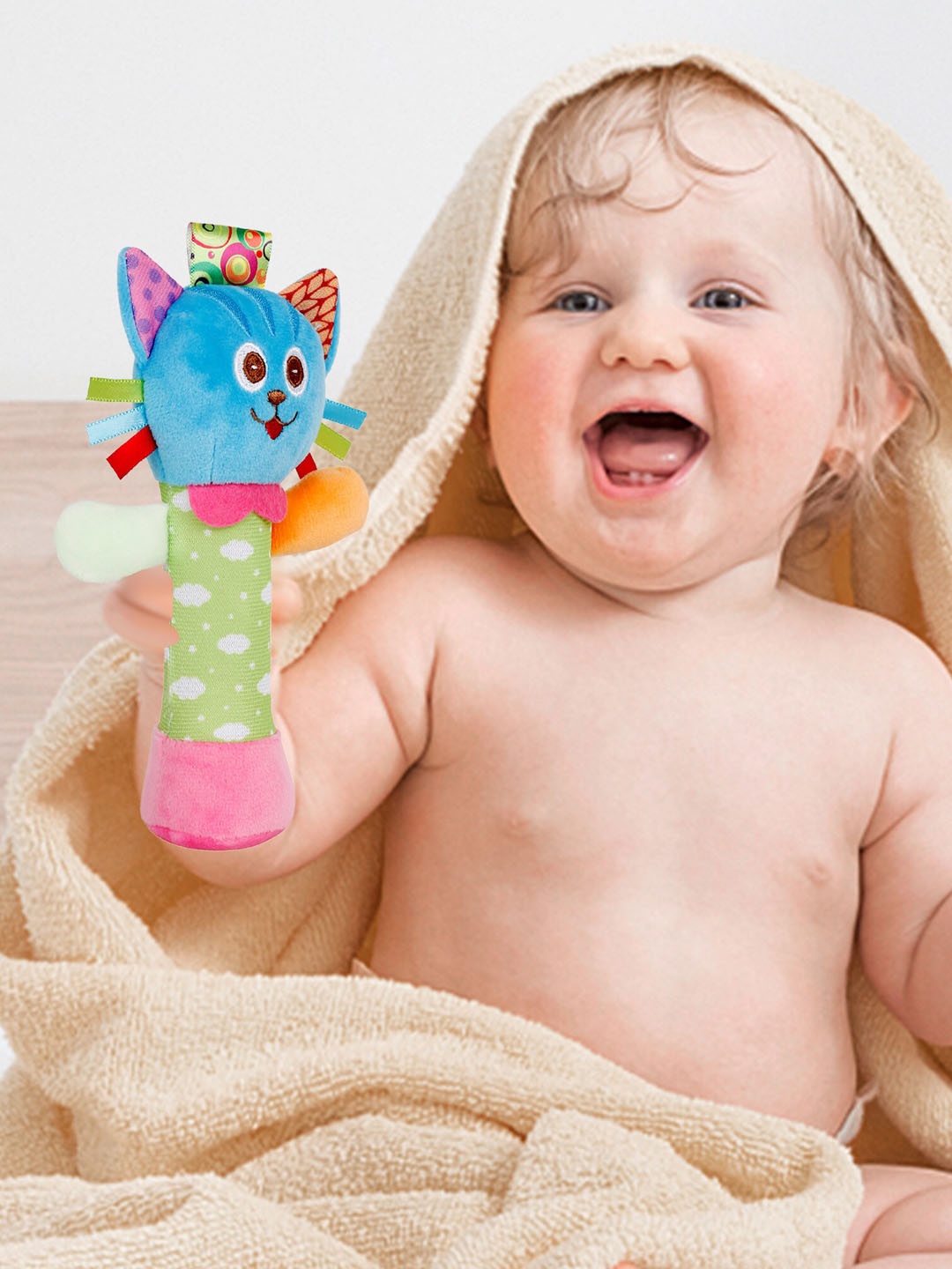 

Baby Moo Multicoloured Cute Cat Handheld Rattle Toy, Multi