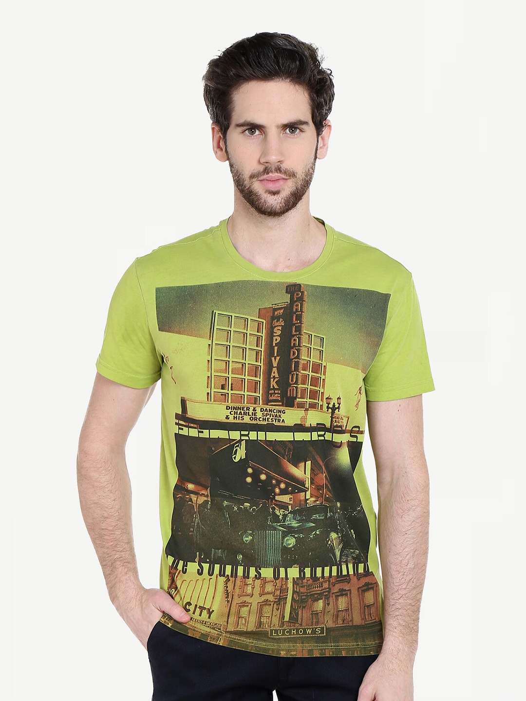 

Dream of Glory Inc Men Lime Green & Rust Printed Round Neck T-shirt