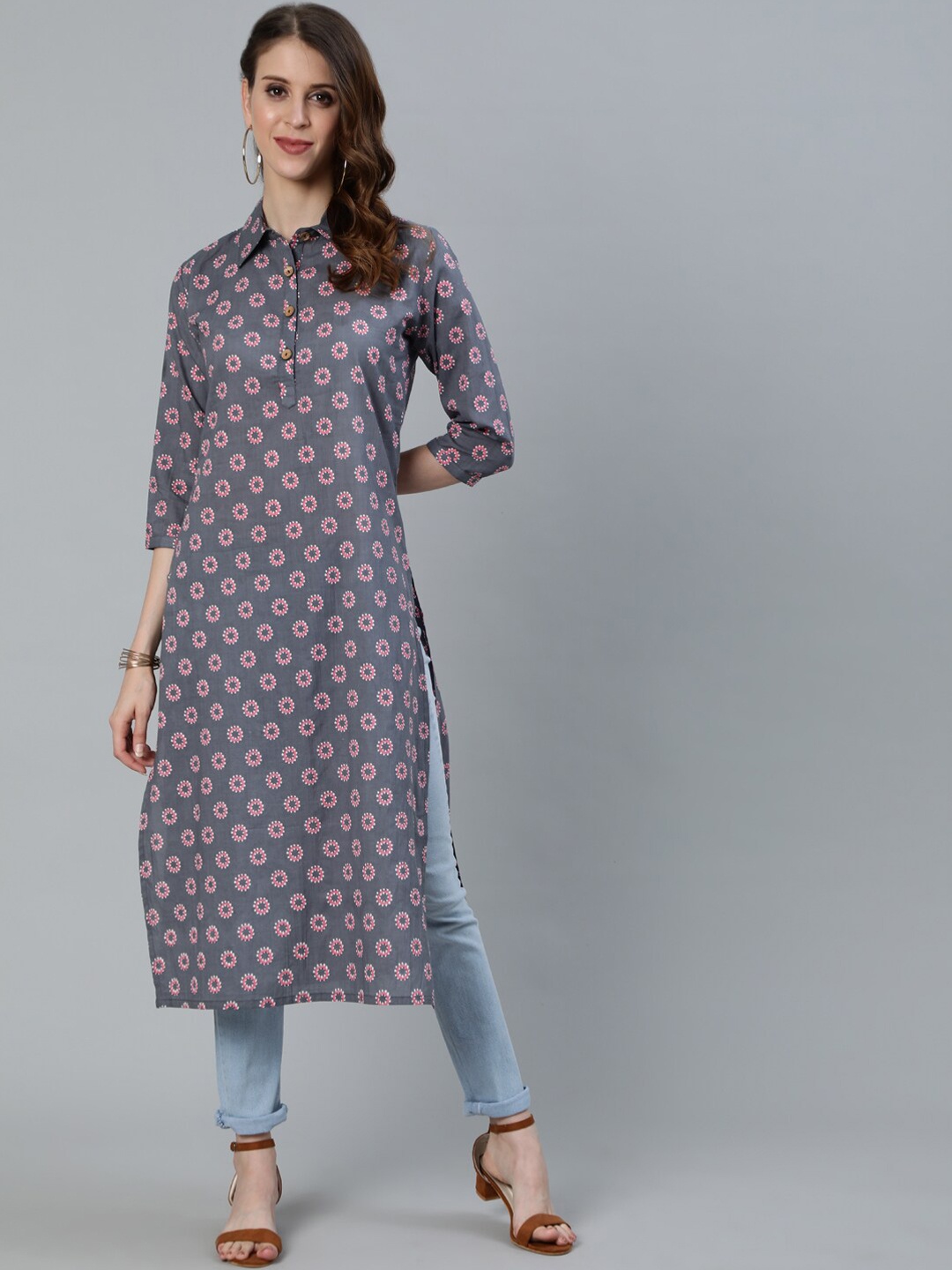 

antaran Women Grey Ethnic Motifs Printed Cotton Kurta