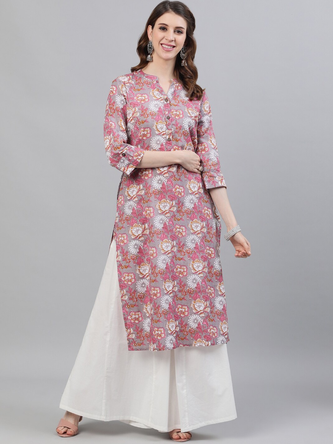 

antaran Women Grey & Pink Floral Printed Kurta