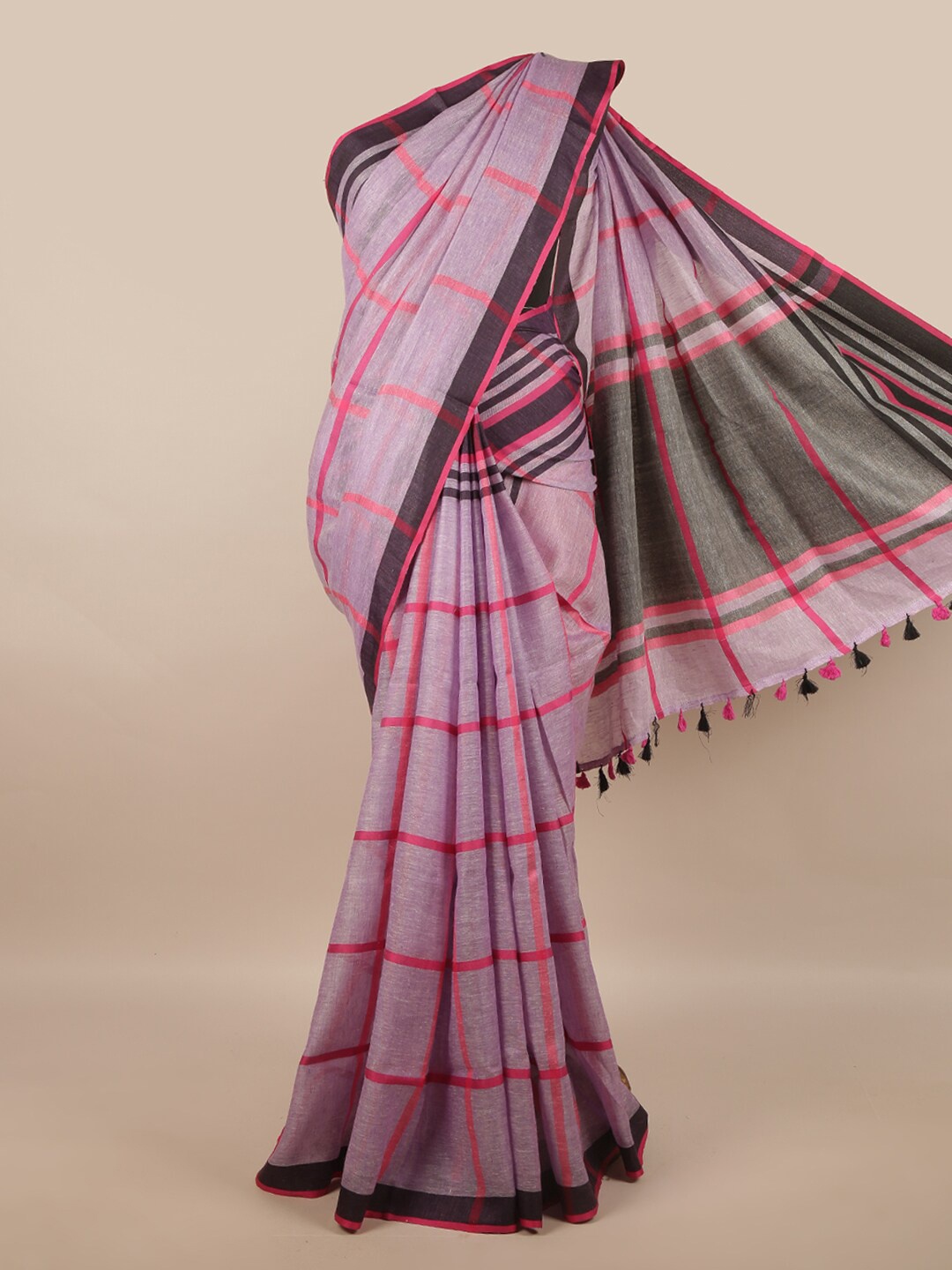 

Pothys Lavender & Pink Checked Linen Blend Saree