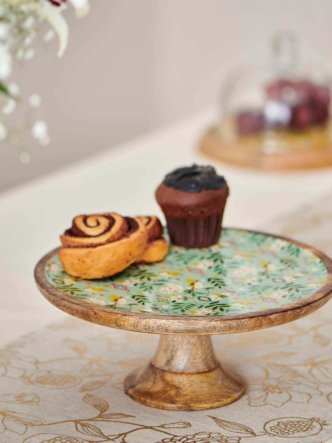 

Chumbak Green & Brown Printed Handmade Wooden Cake Stand