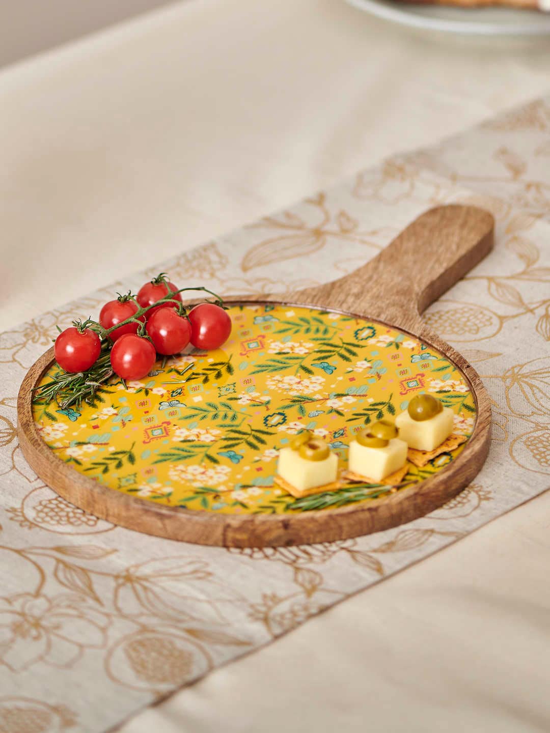 

Chumbak Yellow Printed Handmade Wooden Cheese Platter