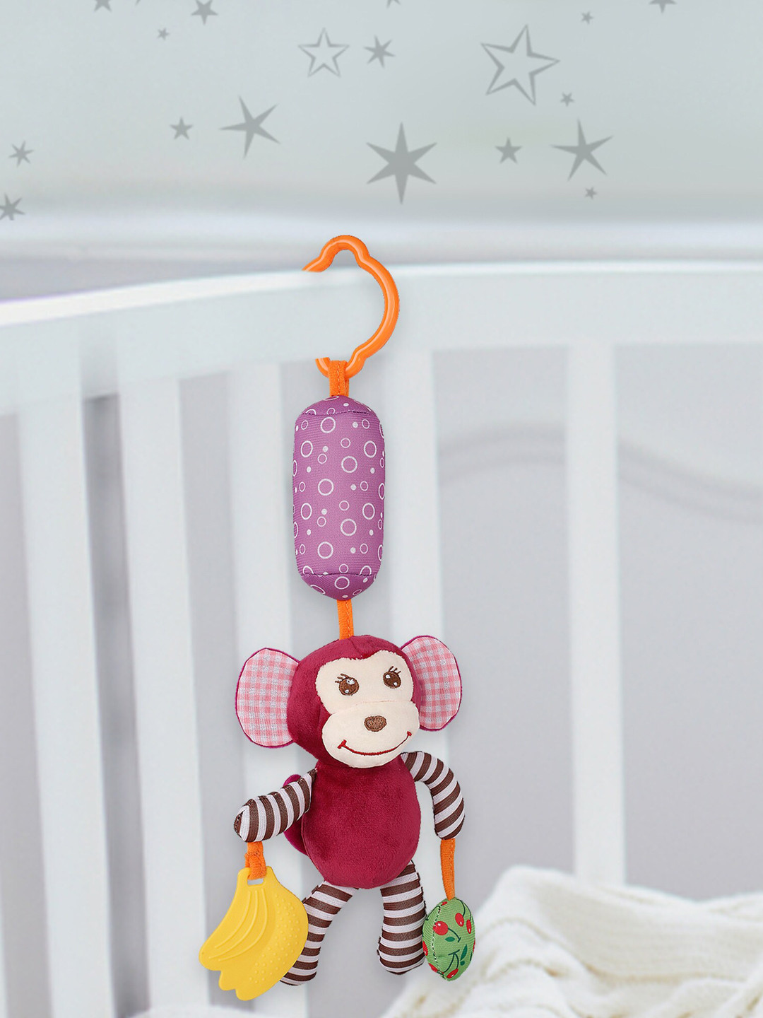 

Baby Moo Maroon & White Monkey Hanging Toy With Teether