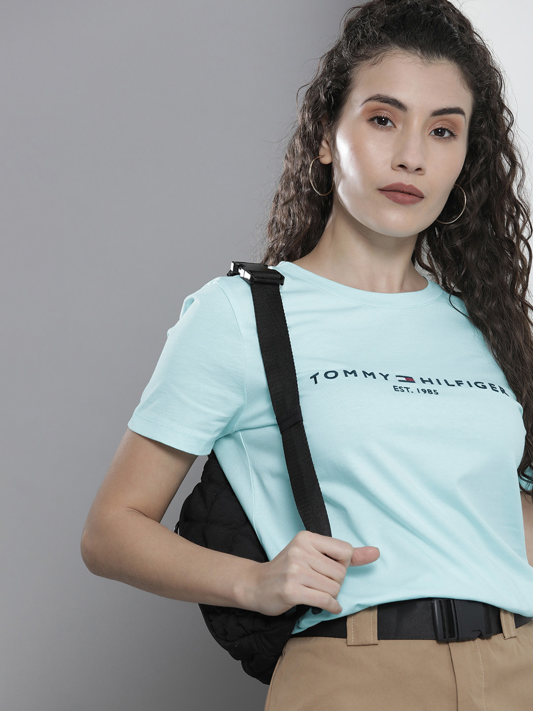 

Tommy Hilfiger Women Turquoise Blue Brand Logo Embroidery Pure Cotton T-shirt