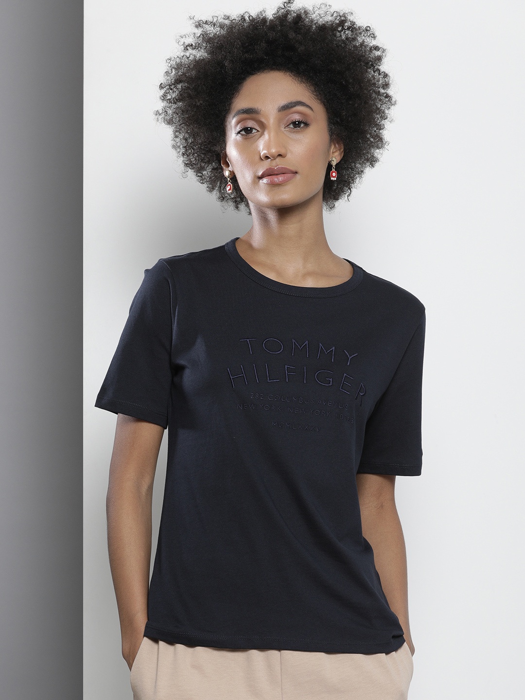 

Tommy Hilfiger Women Blue Brand Logo Embroidered Pure Cotton T-shirt