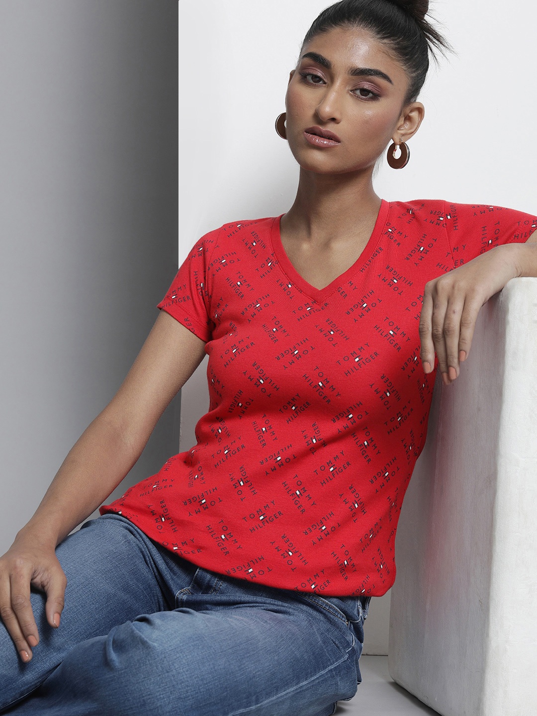 

Tommy Hilfiger Women Red Brand Logo Printed V-Neck Pure Cotton T-shirt