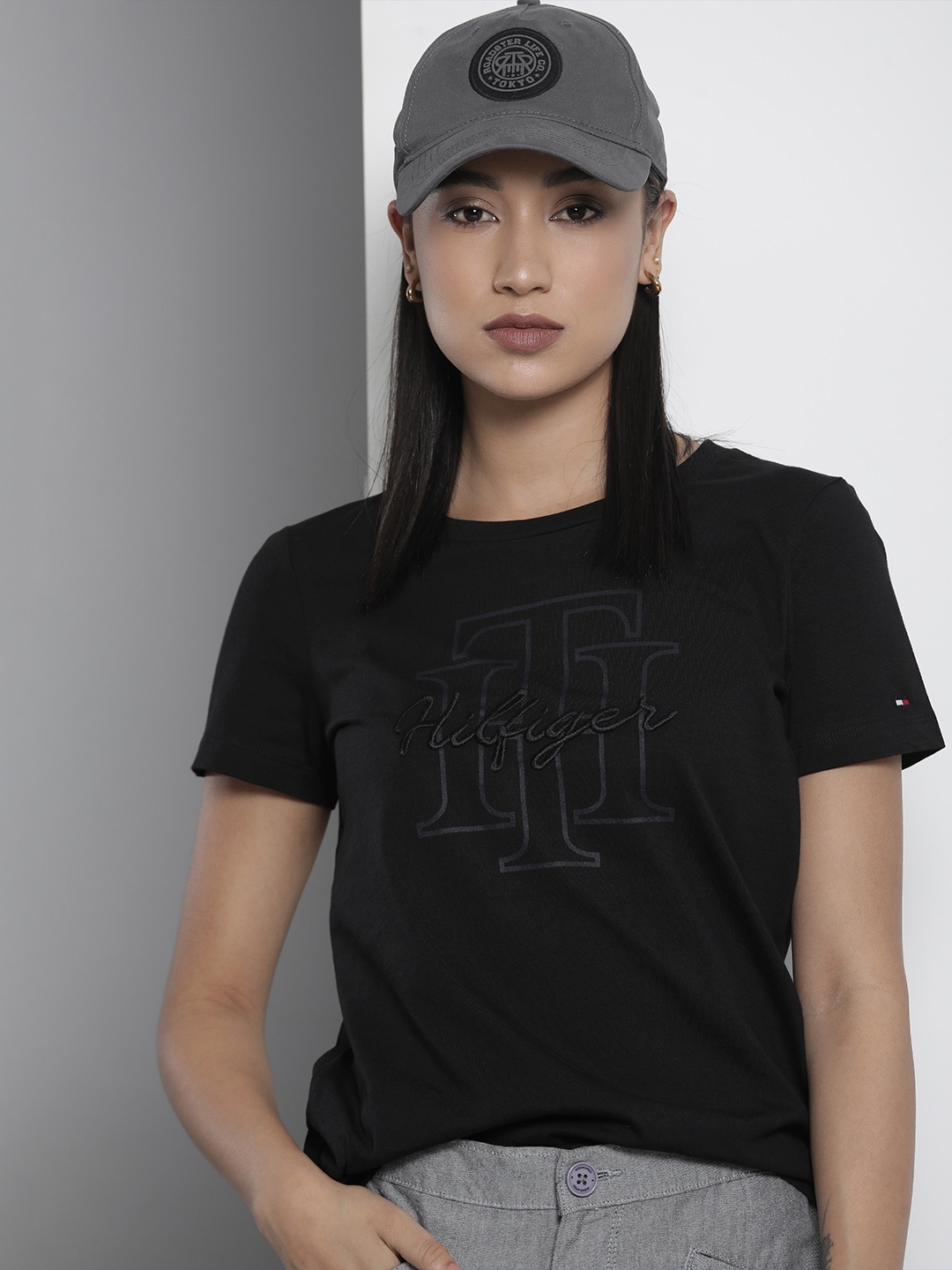 

Tommy Hilfiger Women Black Brand Logo Printed Round Neck Pure Cotton T-shirt