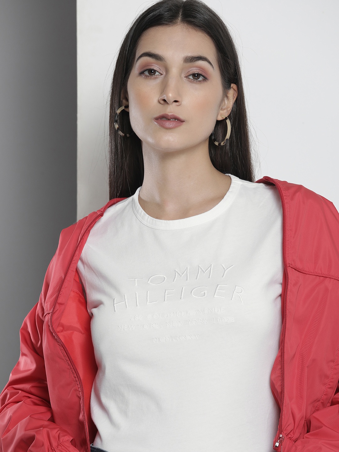 

Tommy Hilfiger Women White Brand Logo Embroidery Pure Cotton T-shirt