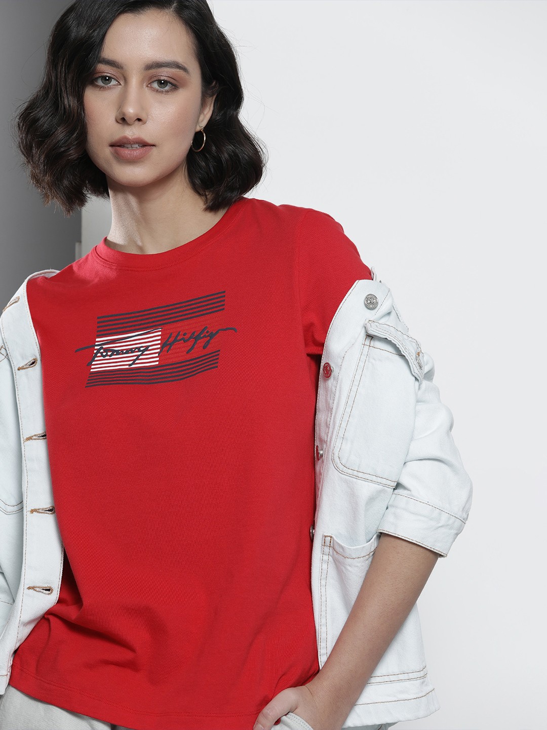 

Tommy Hilfiger Women Red & Black Printed Pure Cotton T-shirt