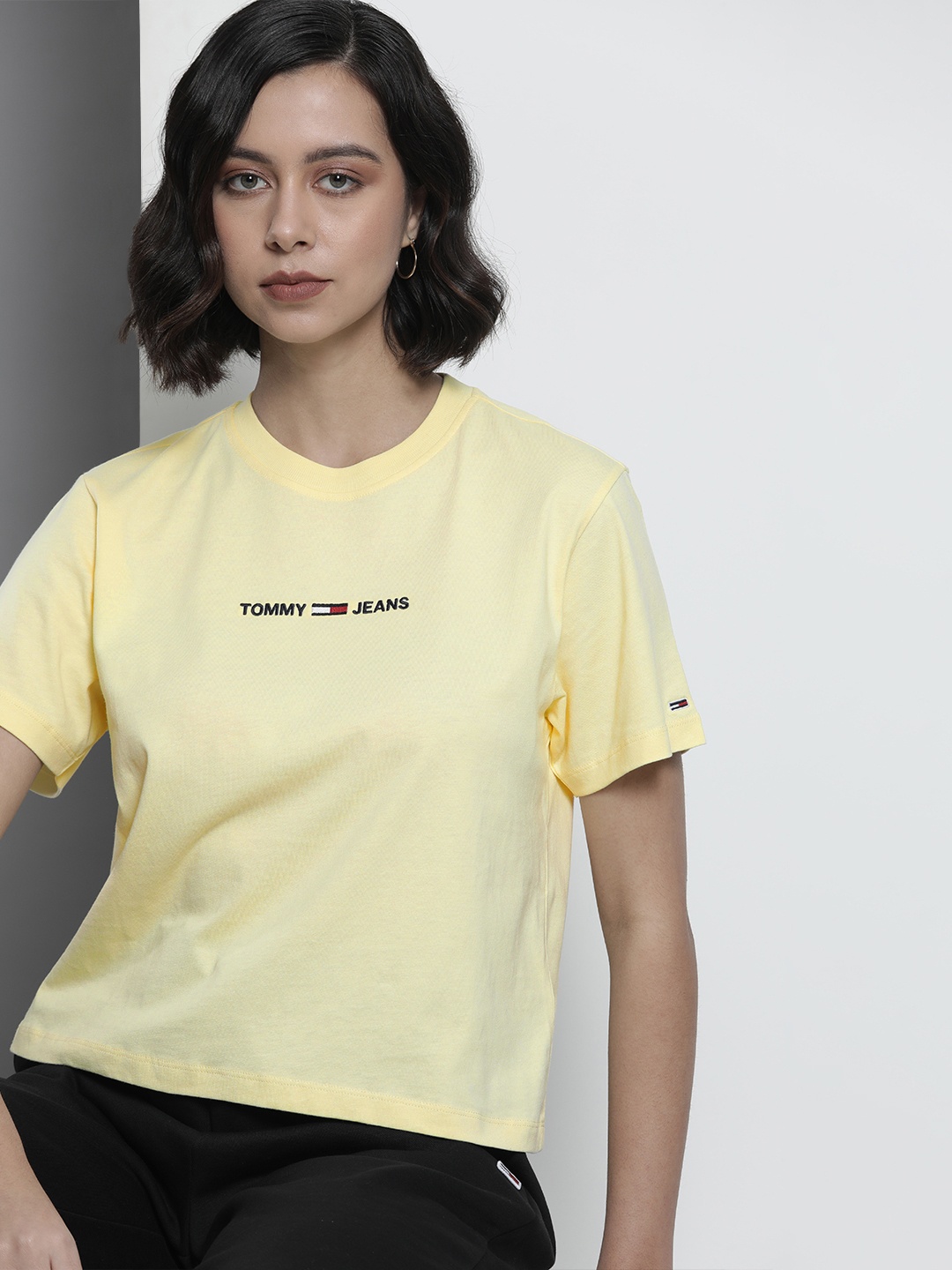 

Tommy Hilfiger Women Light Yellow Brand Logo Printed Pure Cotton T-shirt