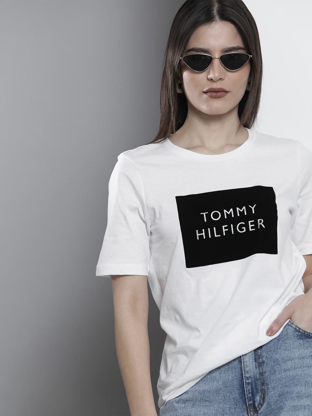 

Tommy Hilfiger Women White & Black Printed Pure Cotton T-shirt