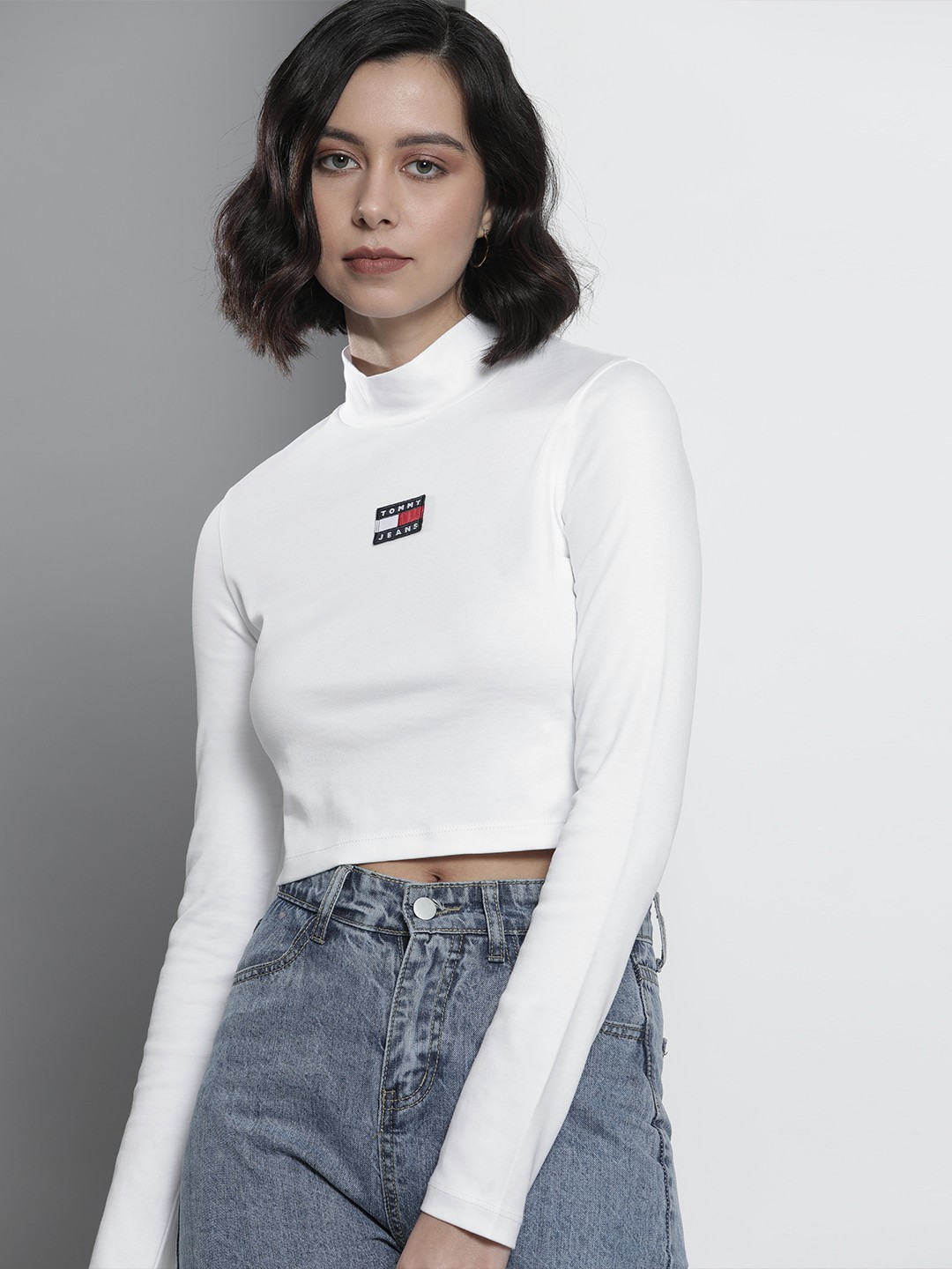 

Tommy Hilfiger Women White Brand Logo Printed High Neck Pure Cotton T-shirt