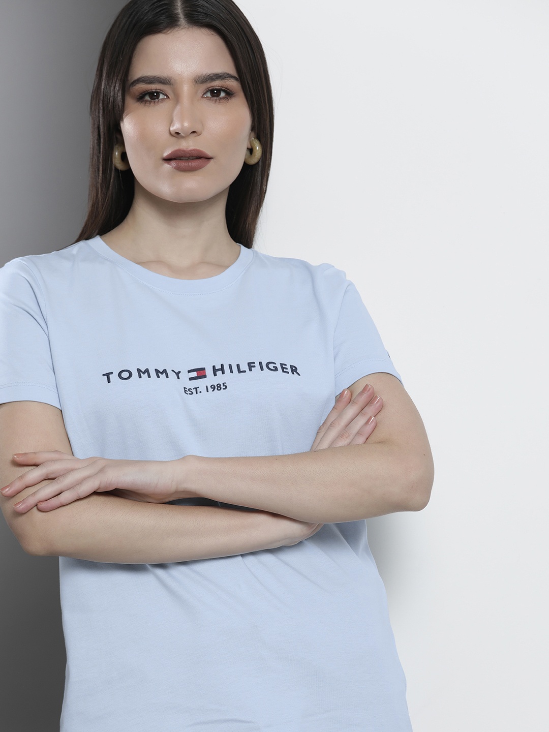 

Tommy Hilfiger Women Blue Brand Logo Printed Organic Cotton T-shirt