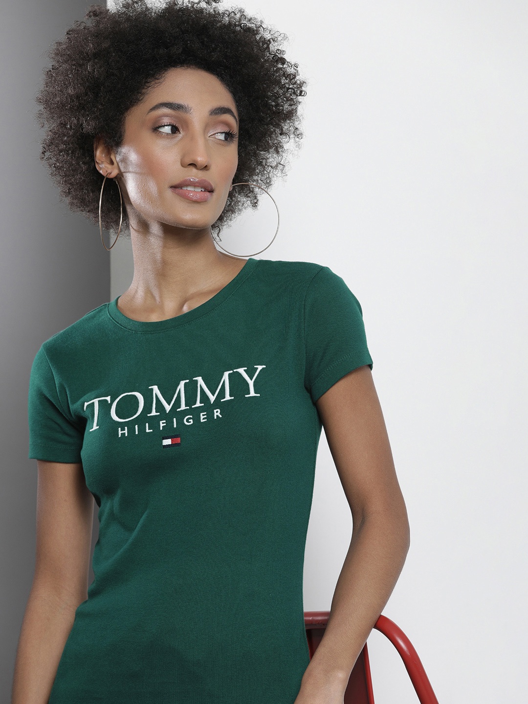 

Tommy Hilfiger Women Green Brand Logo Embroidered Pure Cotton T-shirt
