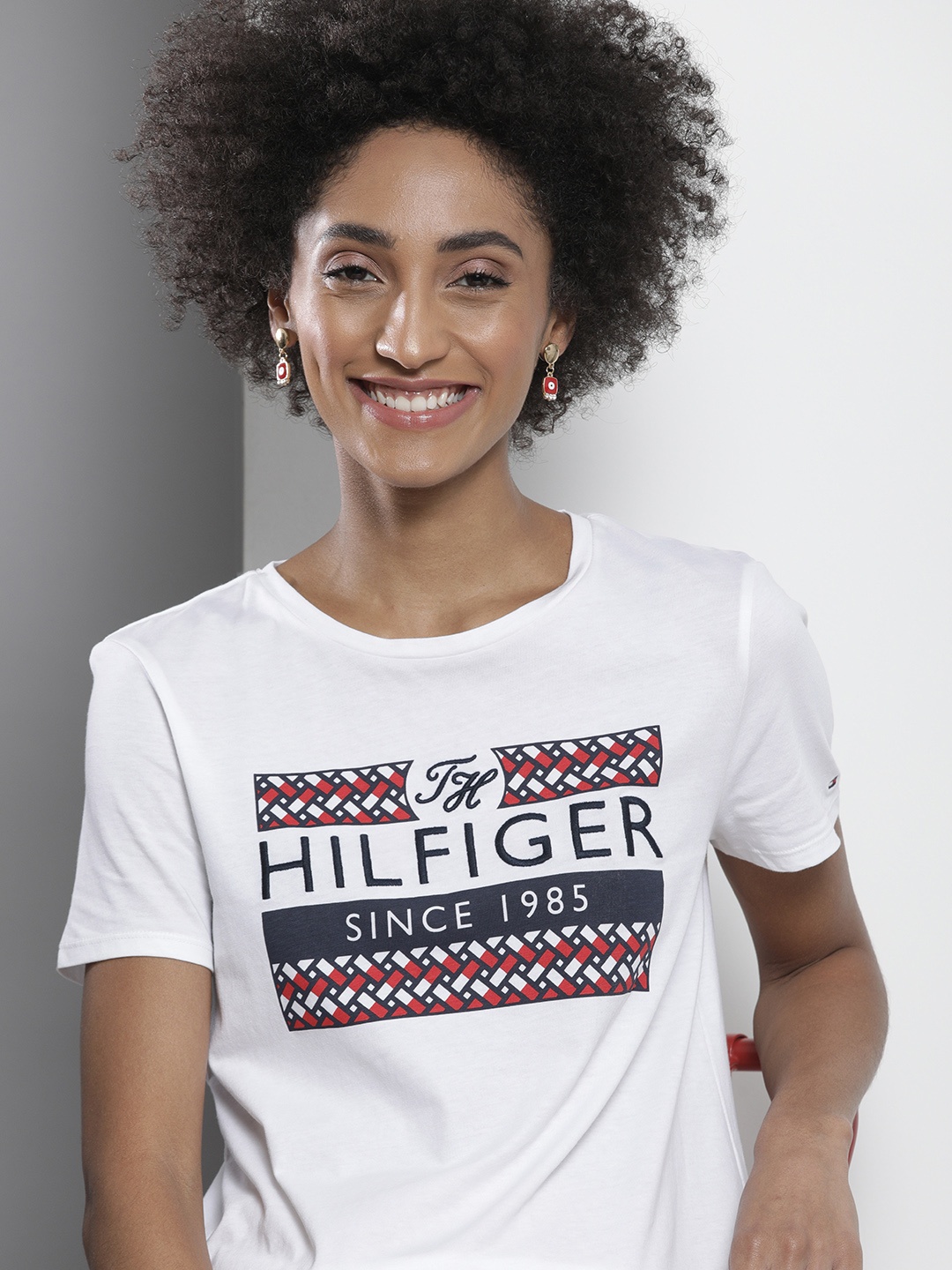 

Tommy Hilfiger Women White Brand Logo Embroidered Pure Cotton T-shirt