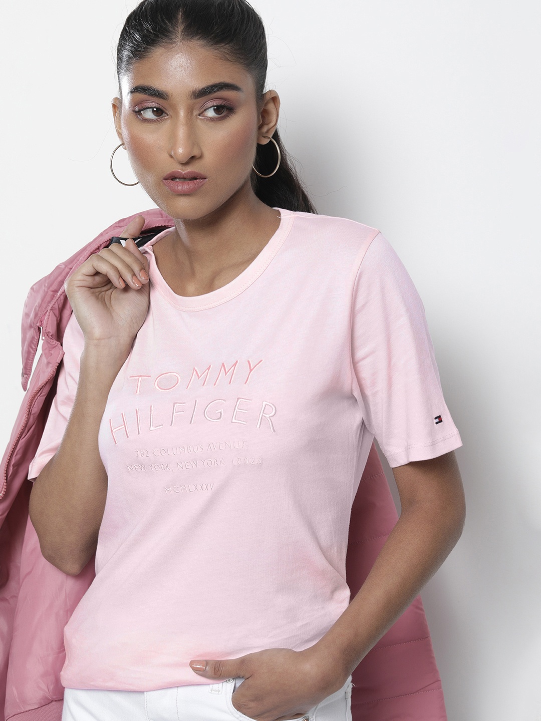

Tommy Hilfiger Women Pink Brand Logo Embroidered Pure Cotton T-shirt