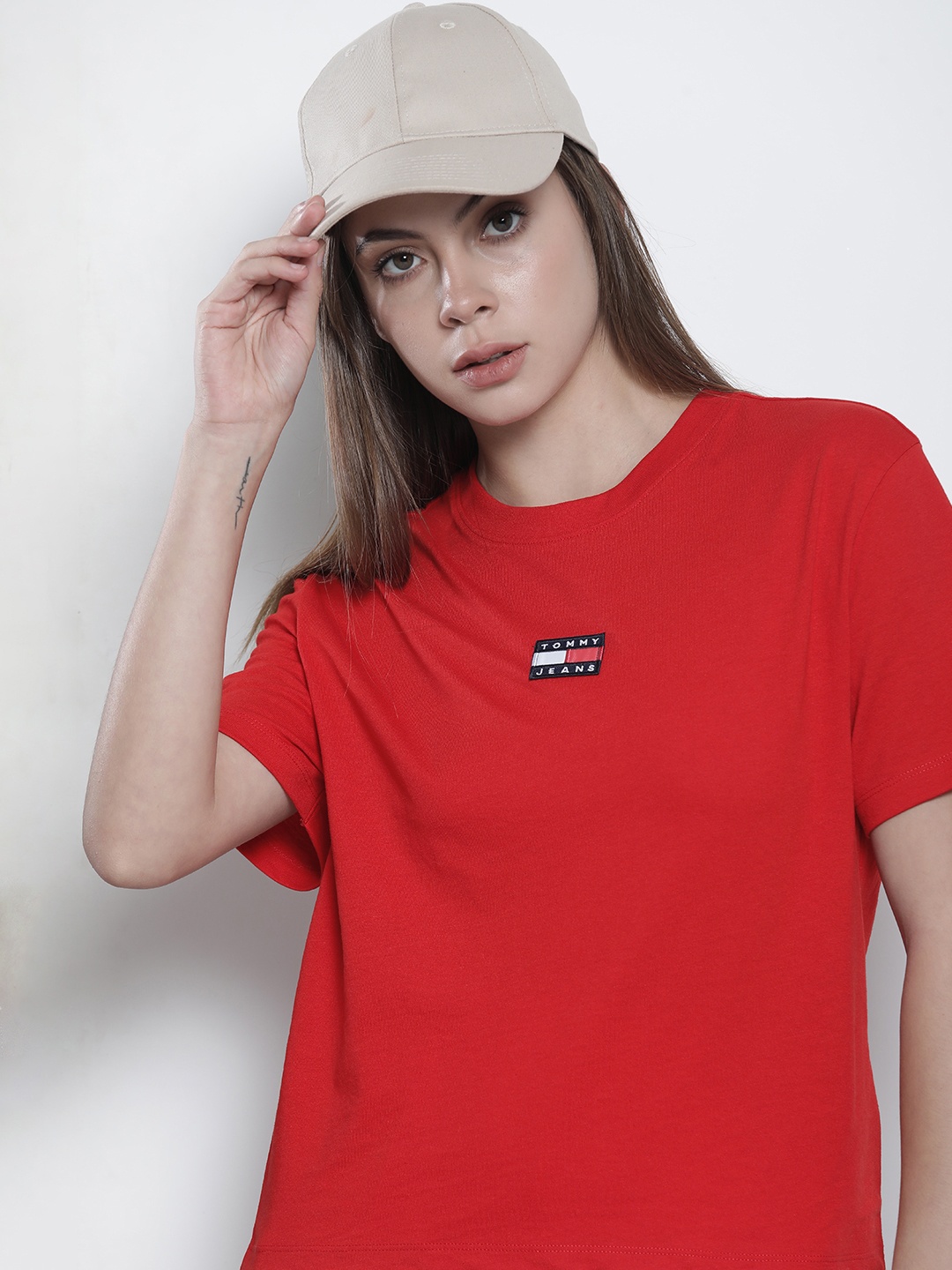 

Tommy Hilfiger Women Red Solid Round-Neck Pure Cotton Casual T-shirt