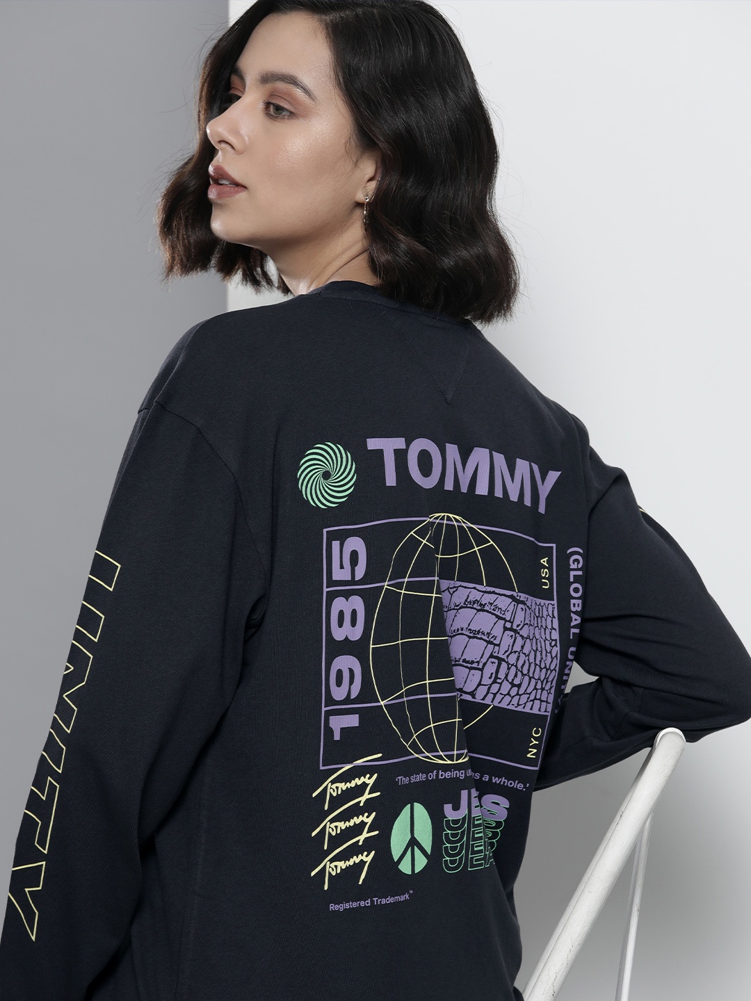 

Tommy Hilfiger Women Black Brand Logo Drop-Shoulder Sleeves Oversized T-shirt
