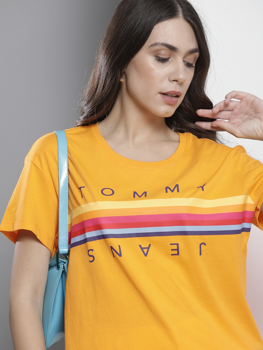 

Tommy Hilfiger Women Yellow Brand Logo Printed Pure Cotton T-shirt